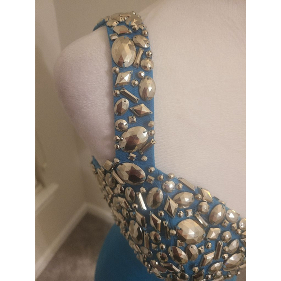 Designer Sherri Hill Embellished Bandage Turquoise Dress Size 4 - Picture 5 of 8